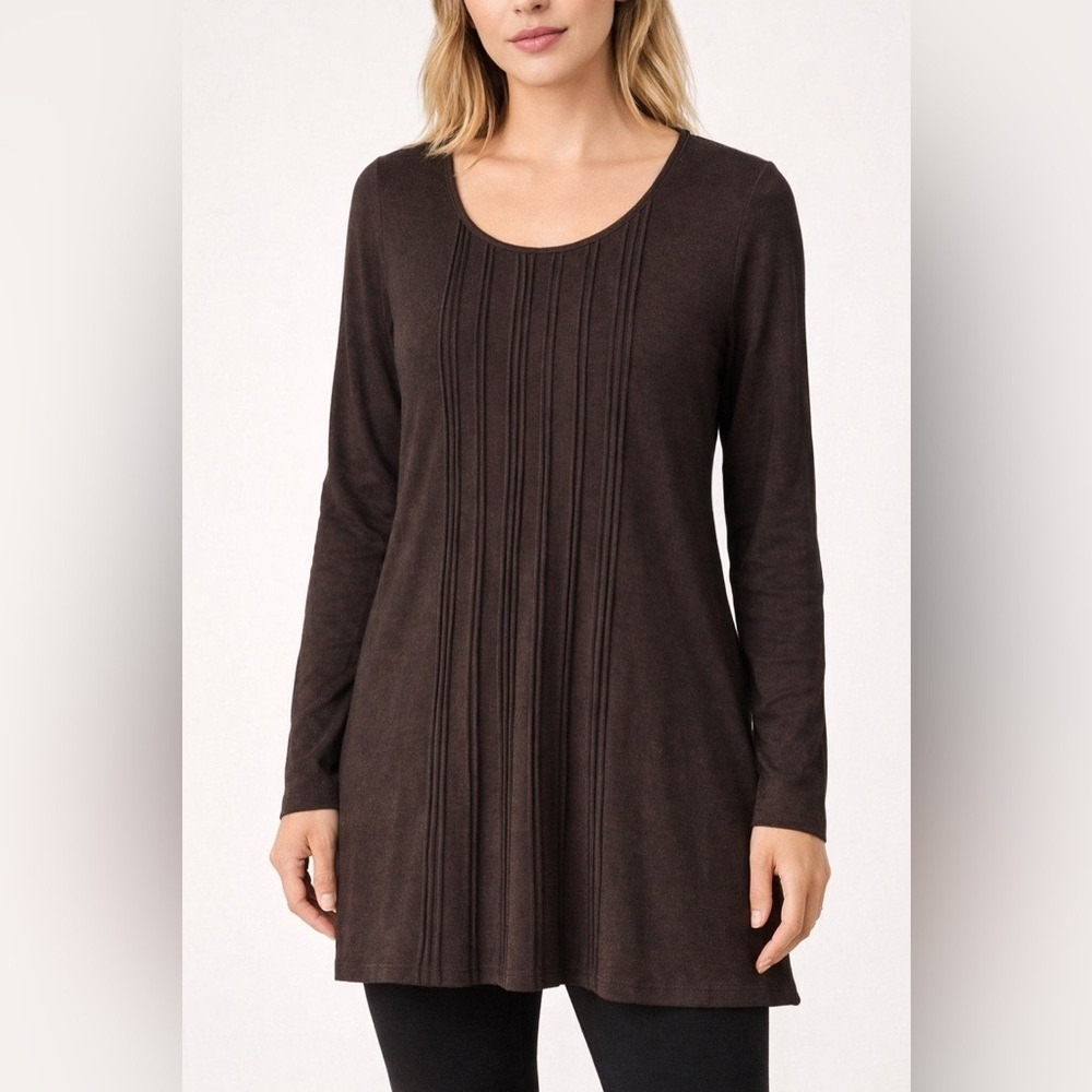 Eileen Fisher Dark Brown‎ Tunic Top Long Sleeve Pleated Front Stretch Size M